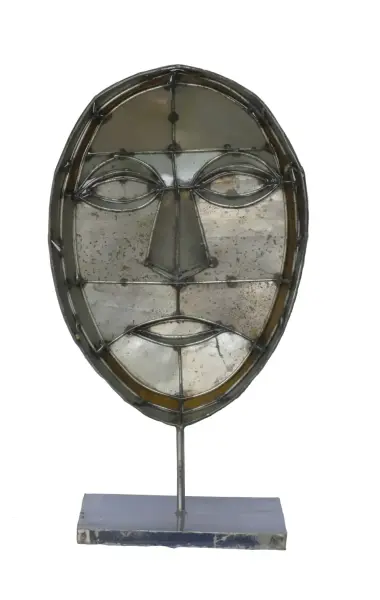 Product image 3 of the product “Small Mask on stand - Modell 2, 52cm height, sculpture from upcyceled oil barrel. ”
